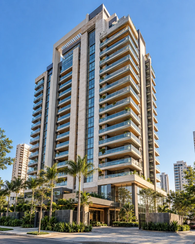 Torre residencial contemporânea com amplas varandas, imagem ilustrativa