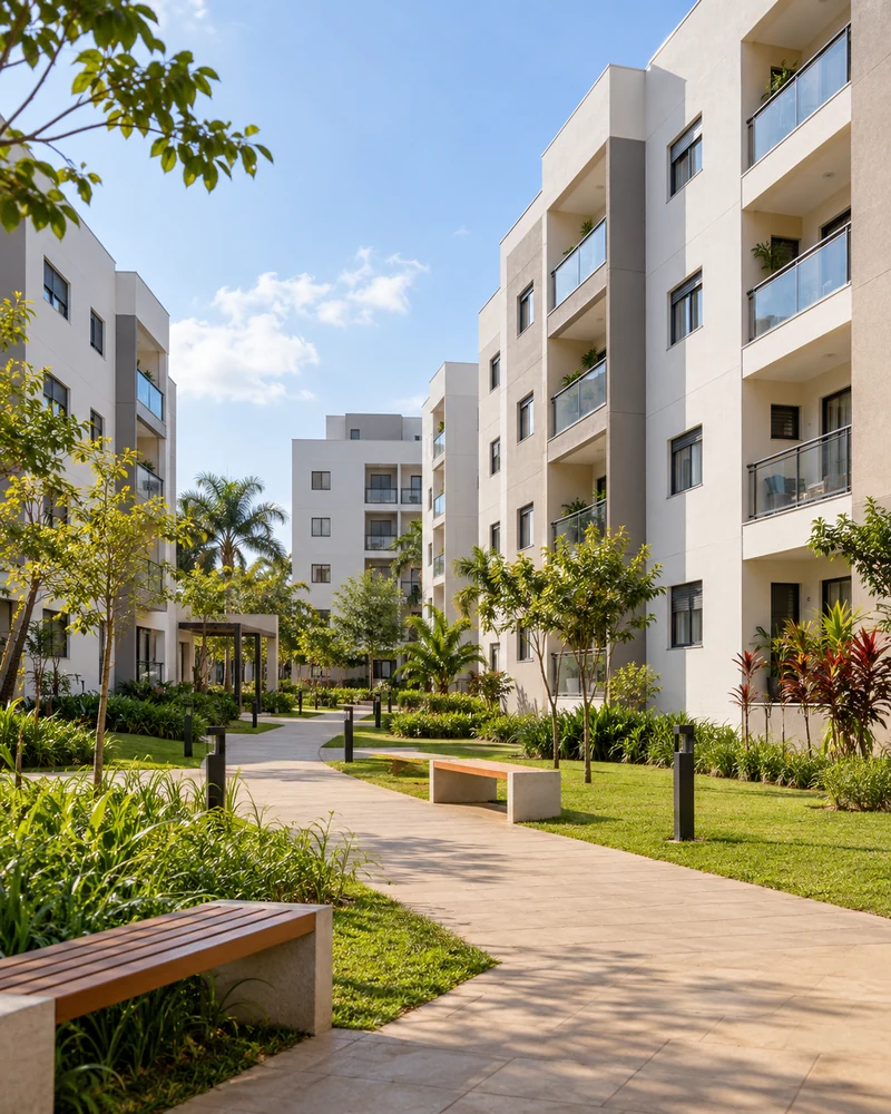 Condomínio residencial com apartamentos e jardins, imagem ilustrativa